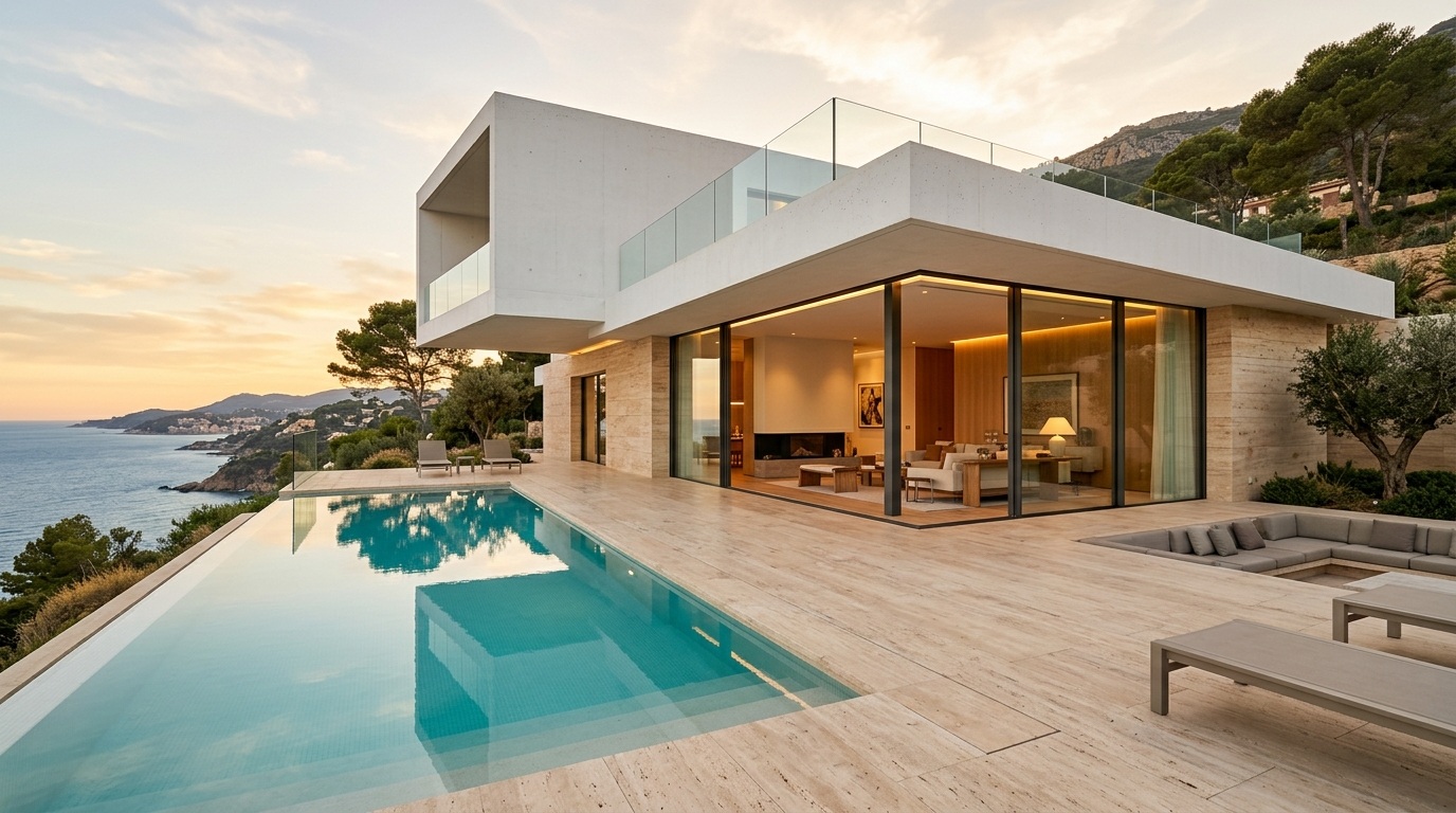Villa en el Vallès Oriental — Fachada con ventanales de suelo a techo de perfil oculto